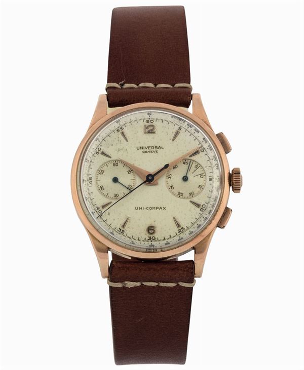 Universal, Geneve, Uni-Compax, case No. 1605142, Ref. 124103. Fine 18K pink gold wristwatch with square button chronograph, register and tachometer. Made in the 1950s.