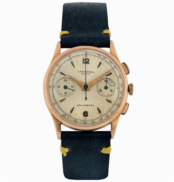 Universal, Geneve, Uni-Compax, case No. 1591899, Ref. 12445. Fine, 18K pink gold wristwatch with square button chronograph, registers and tachometer. Made circa1950