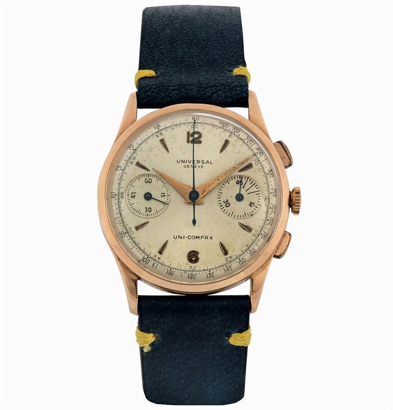 Universal, Geneve, Uni-Compax, case No. 1591899, Ref. 12445. Fine, 18K pink gold wristwatch with square button chronograph, registers and tachometer. Made circa1950  - Auction wrist and pocket watches - Cambi Casa d'Aste