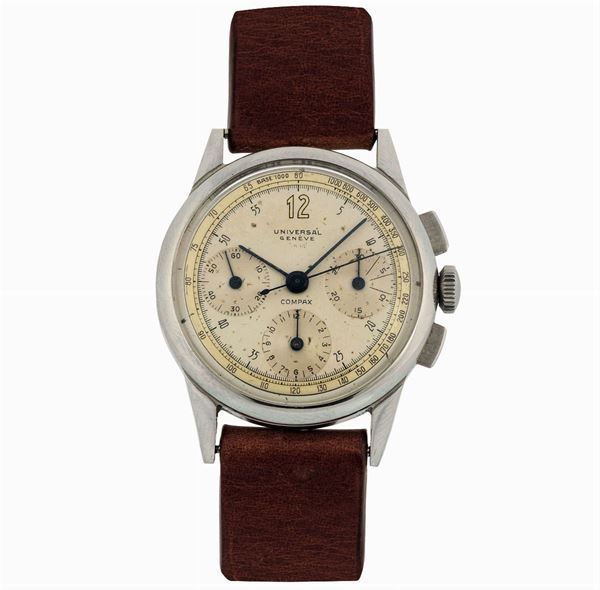 Universal, Geneve, Compax, Ref. 22264. Fine, stainless steel wristwatch with chronograph. Made circa 1950