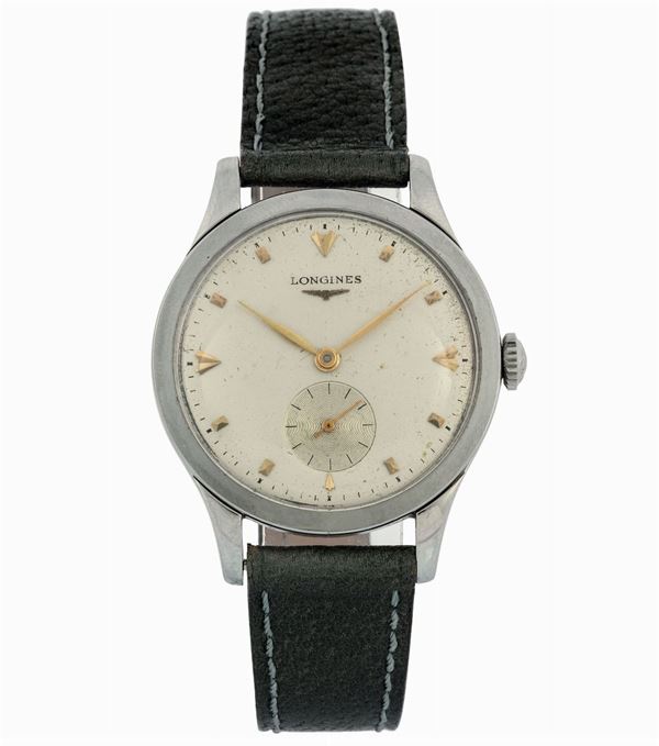 Longines, Ref. 6225.2.26. Fine and large, stainless steel wristwatch. Made circa 1960.