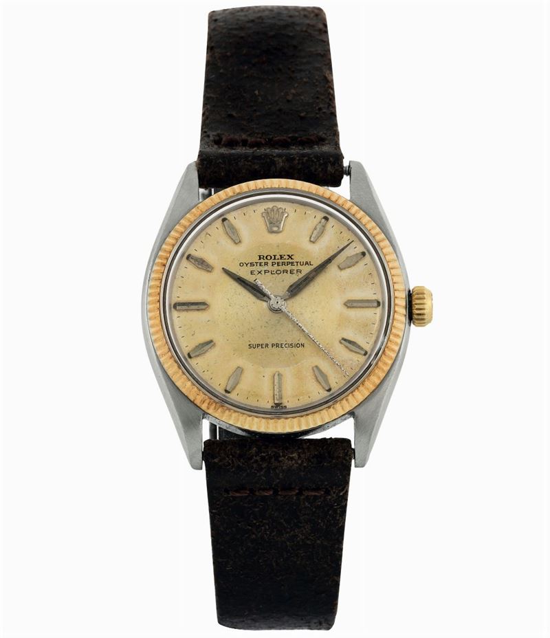 Rolex,  Oyster Perpetual, Explorer,  Ref. 5501.  Fine and very rare, center seconds, self-winding, water-resistant, stainless steel and 18K yellow gold wristwatch with a steel  Rolex buckle. Made circa 1960  - Auction wrist and pocket watches - Cambi Casa d'Aste