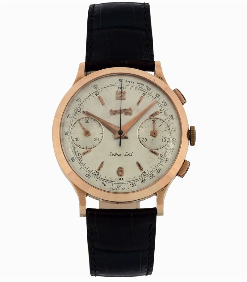 Eberhard & Co., La Chaux-de-Fonds, Extra-Fort. Fine, 18K pink gold wristwatch with square button chronograph, register and tachymeter. Made circa 1950  - Auction wrist and pocket watches - Cambi Casa d'Aste