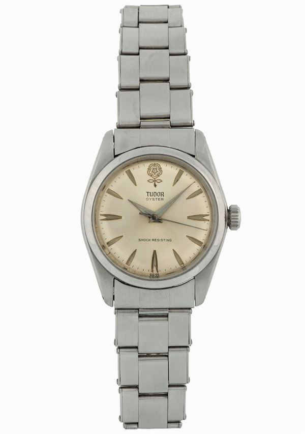 TUDOR, Oyster Shock-Resisting,  Ref. 7934, case made by Rolex, Geneva.  Fine and rare, center seconds, water-resistant, stainless steel wristwatch with a stainless steel Rolex Oyster riveted bracelet with deployant clasp. Made in the 1960' s.