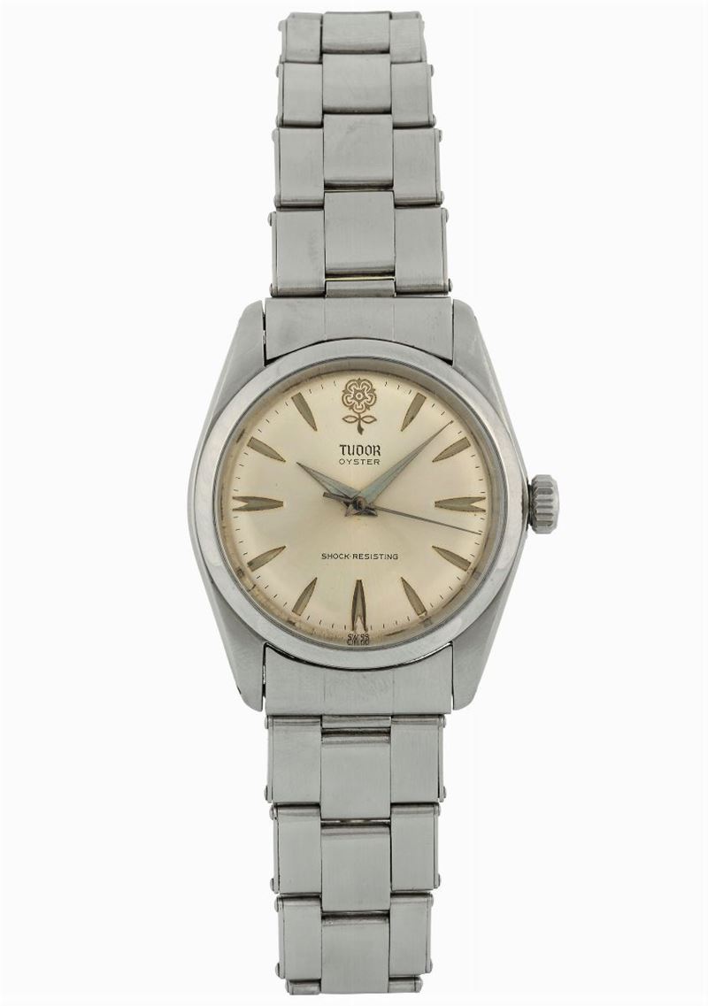 TUDOR, Oyster Shock-Resisting,  Ref. 7934, case made by Rolex, Geneva.  Fine and rare, center seconds, water-resistant, stainless steel wristwatch with a stainless steel Rolex Oyster riveted bracelet with deployant clasp. Made in the 1960' s.  - Auction wrist and pocket watches - Cambi Casa d'Aste