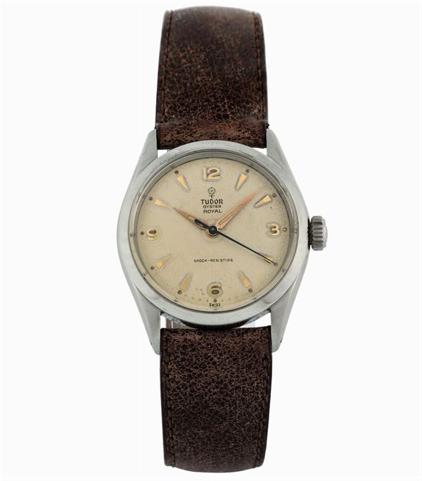 Tudor, Oyster Royal, Rotor Shock-Resisting, Ref. 7934, case made by Rolex, Geneva.  Fine and rare, center seconds, water-resistant, stainless steel wristwatch with a stainless steel Rolex . Made circa 1950