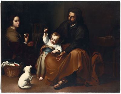 Pittore del XIX-XX Secoloscena con Famiglia e Cagnolino