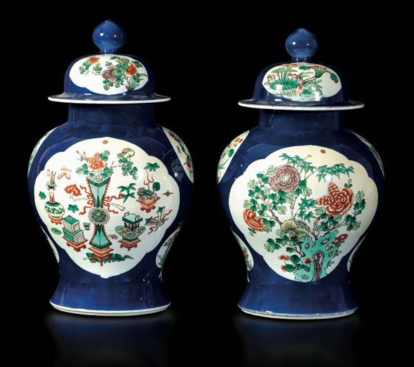 Coppia di potiches con coperchio in porcellana a smalti policromi con decori naturalistici entro riserve su fondo blu poudrè, Cina, Dinastia Qing, epoca Guangxu (1875-1908)