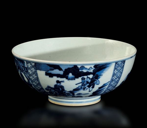 Bowl in porcellana bianca e blu con raffigurazioni di scene di vita comune entro riserve, Cina, Dinastia Qing, XIX secolo