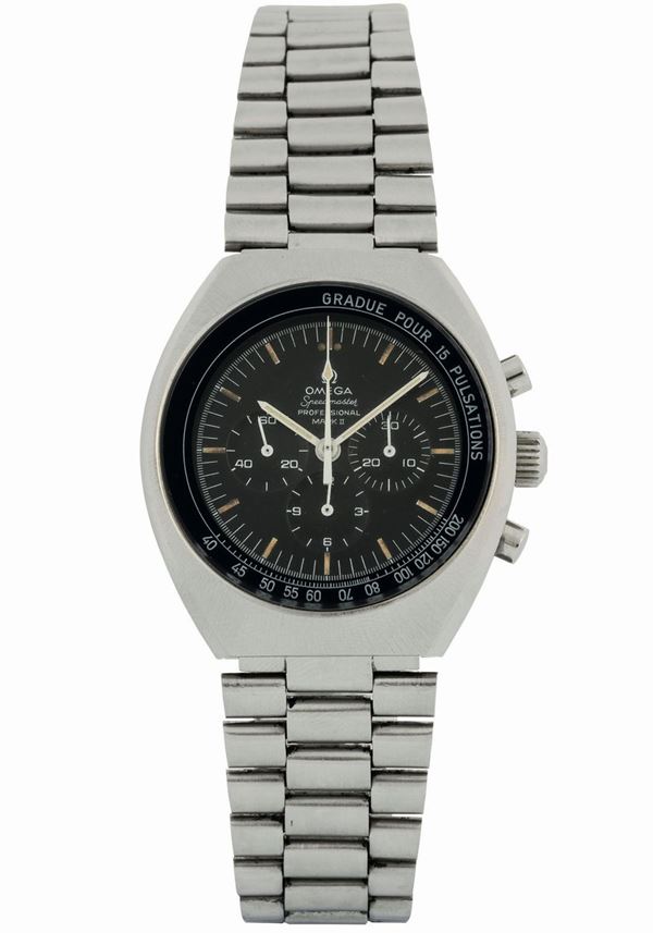 Omega, Speedmaster Professional, Mark II,  Ref. ST 145.014.  Fine, tonneau-shaped, water-resistant, stainless steel wristwatch with round button chronograph, registers and pulsometer. Made circa 1970