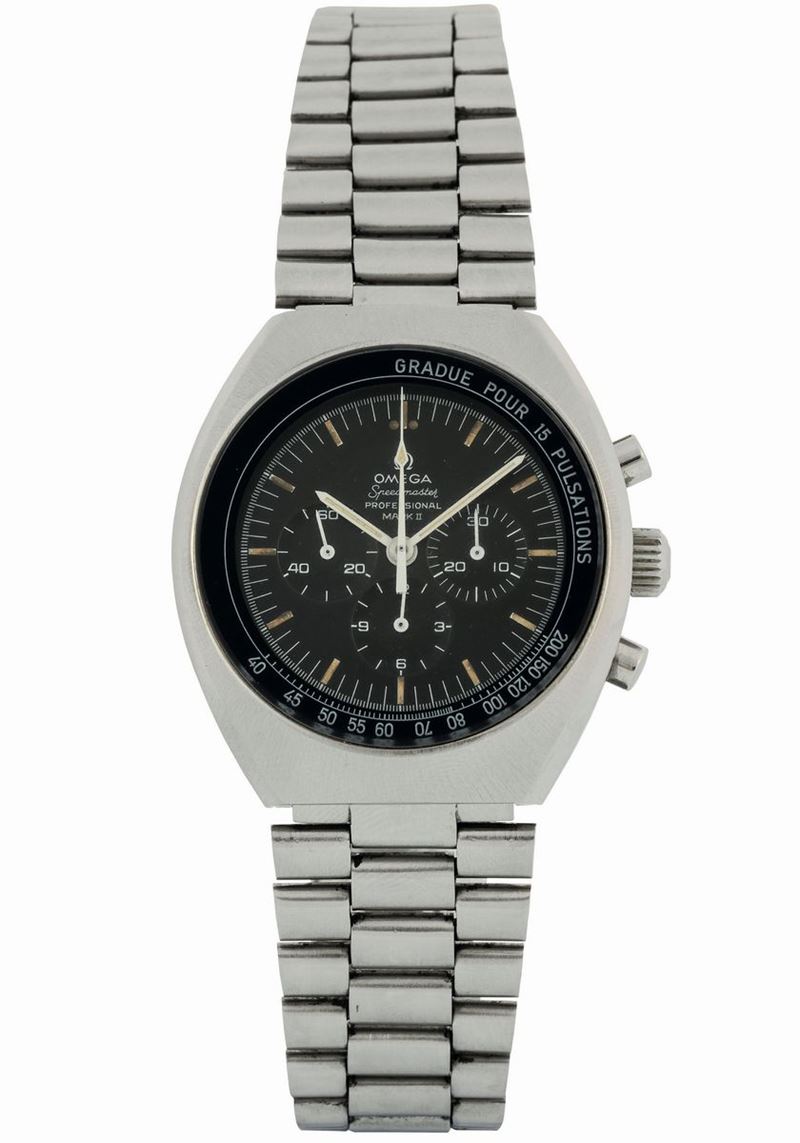 Omega, Speedmaster Professional, Mark II,  Ref. ST 145.014.  Fine, tonneau-shaped, water-resistant, stainless steel wristwatch with round button chronograph, registers and pulsometer. Made circa 1970  - Auction wrist and pocket watches - Cambi Casa d'Aste