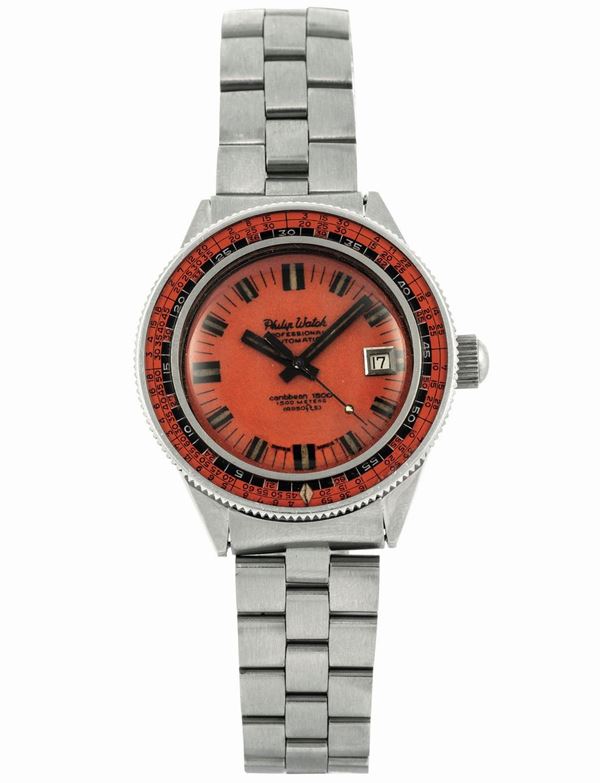 Philip Watch, Caribbean 1500 Automatic . Fine, water resistant, self-winding, stainless steel diver wristwatch with date and a stainless steel original bracelet with deployant clasp. Made circa 1970