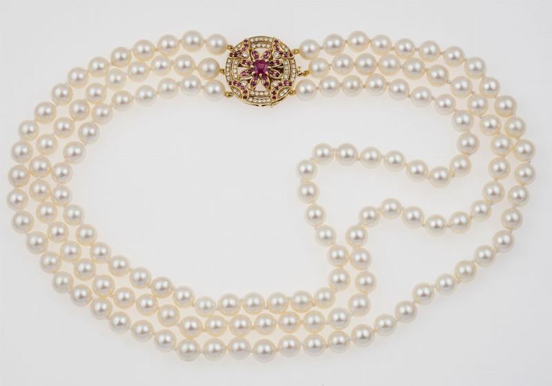 Cultured pearl, diamond and ruby necklace  - Auction Timed Auction Jewels - Cambi Casa d'Aste
