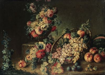 Michele Antonio Rapous (torino 1733-1819)nature Morte con Cesti Colmi di Frutti e Vasi di Fiori