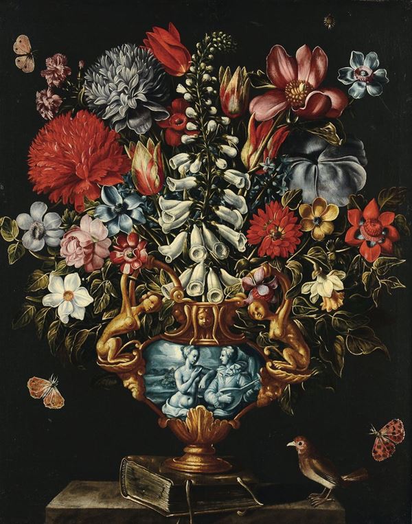 Maestro del vaso a grottesche (attivo a Roma nel primo quarto del XVII secolo) Nature morte con vasi di fiori e uccellini