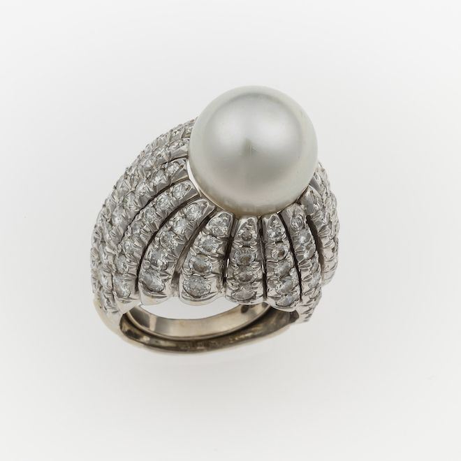 Pearl, diamond and platinum ring. Signed David WEBB  - Auction 100 designer jewels - Cambi Casa d'Aste