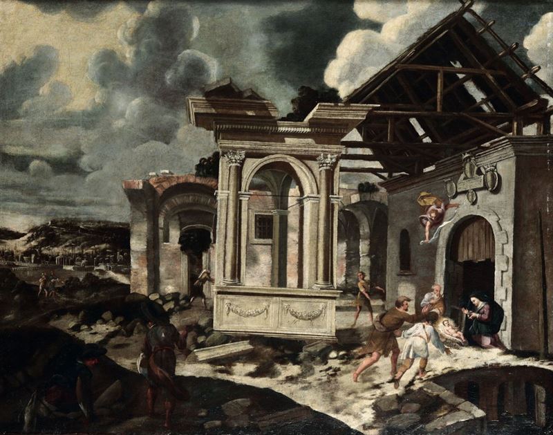 Scuola Francese XVII secolo Architetture con adorazione dei pastori  - Auction Old Master Paintings - Cambi Casa d'Aste