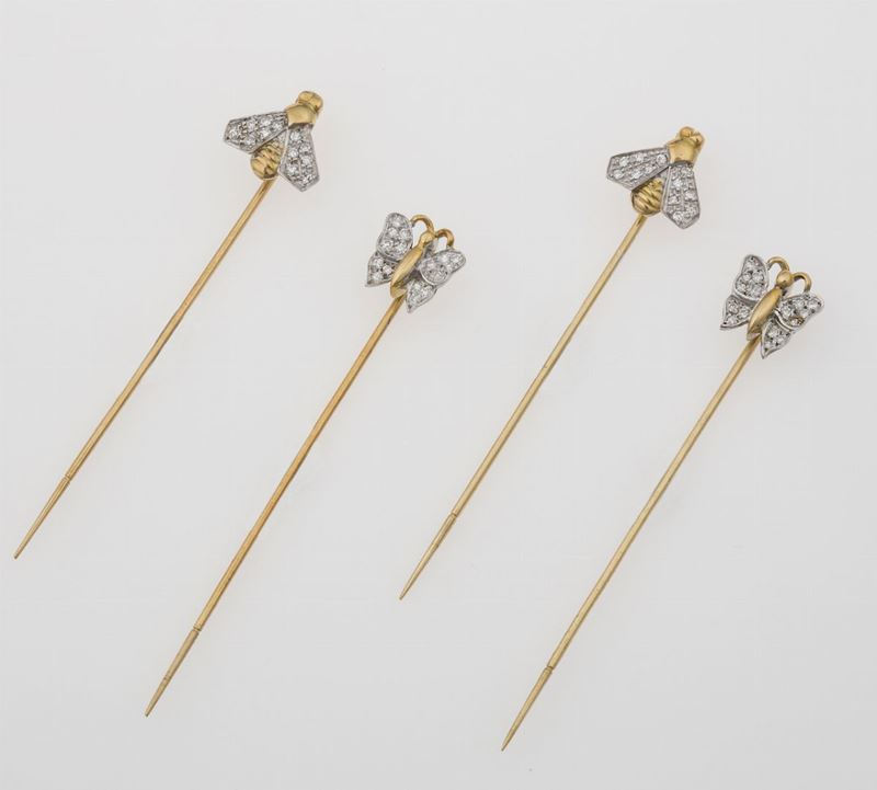 Four diamond and gold tie pins  - Auction Timed Auction Jewels - Cambi Casa d'Aste