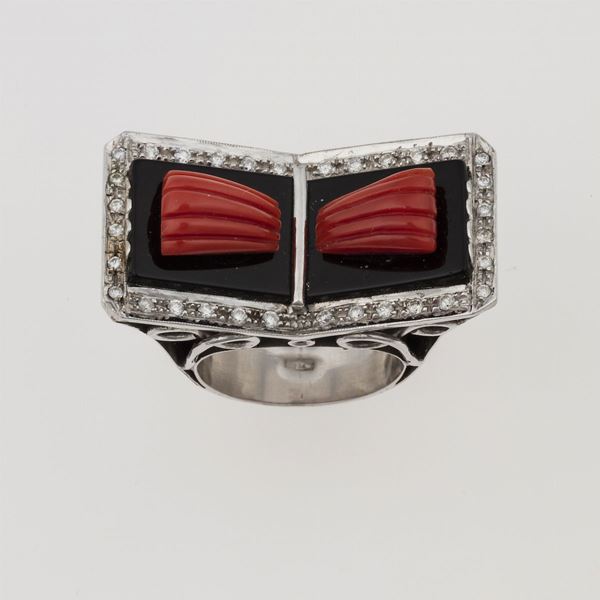 Coral, onix and diamond ring