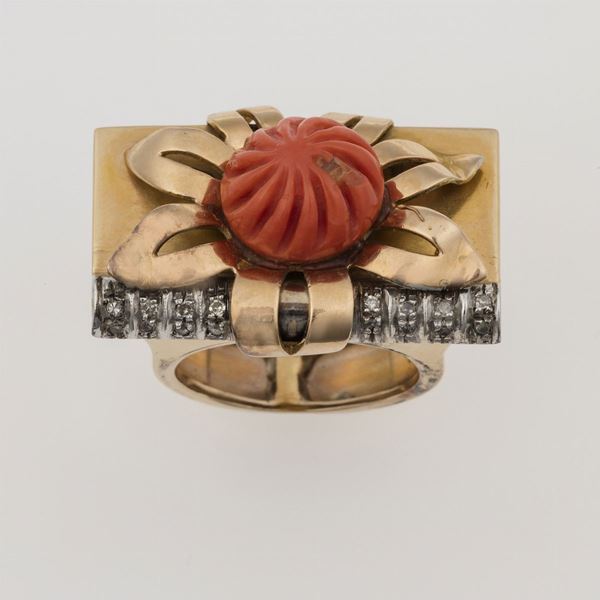 Carved coral, diamond, gold and silver ring