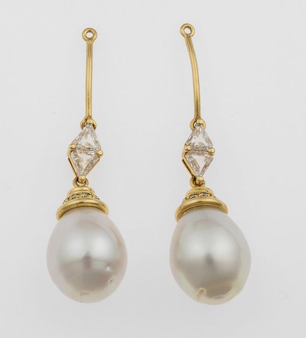 Pair of cultured pearl and diamond pendant earrings