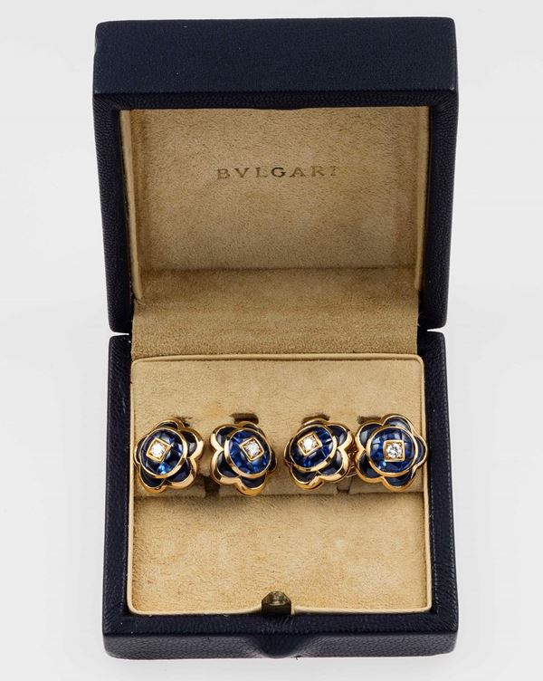 Pair of sapphire and diamond cufflinks. Signed Bulgari. Fitted case