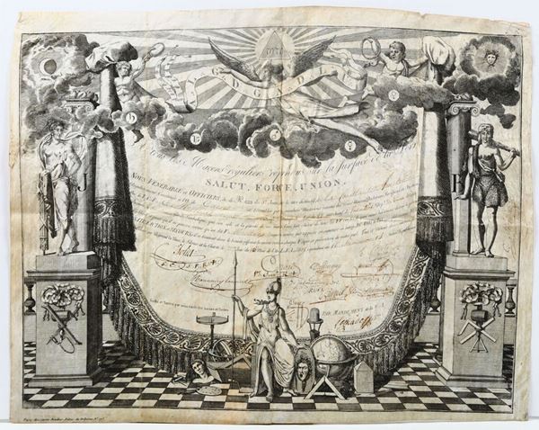 Diploma Massonico stampato su pergamena, Francia seconda metÃ  del XVIII secolo