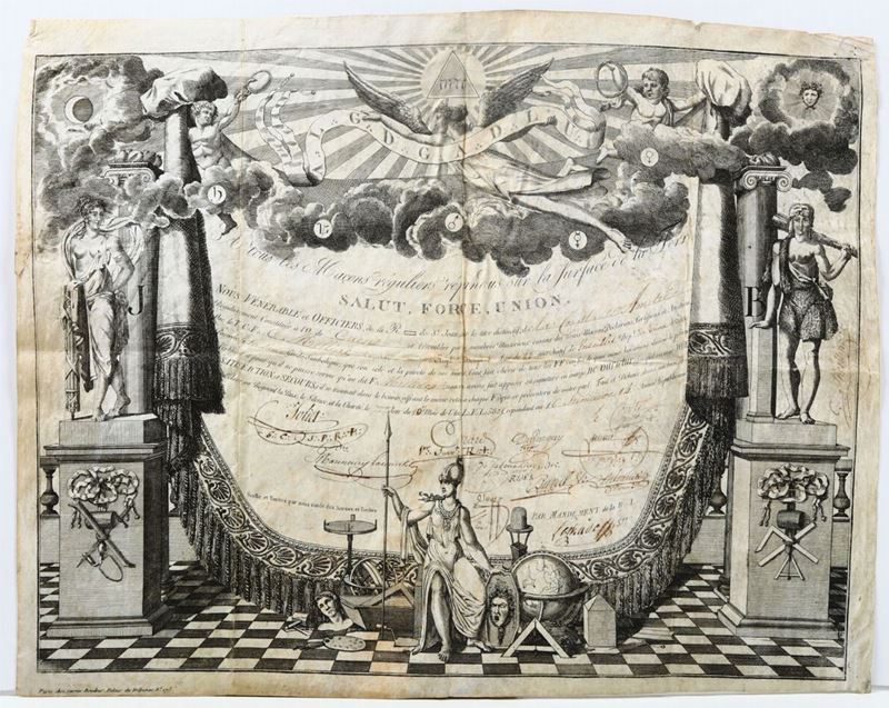 Diploma Massonico stampato su pergamena, Francia seconda metÃ  del XVIII secolo  - Asta Arredi, Dipinti e Oggetti d'Arte - Cambi Casa d'Aste