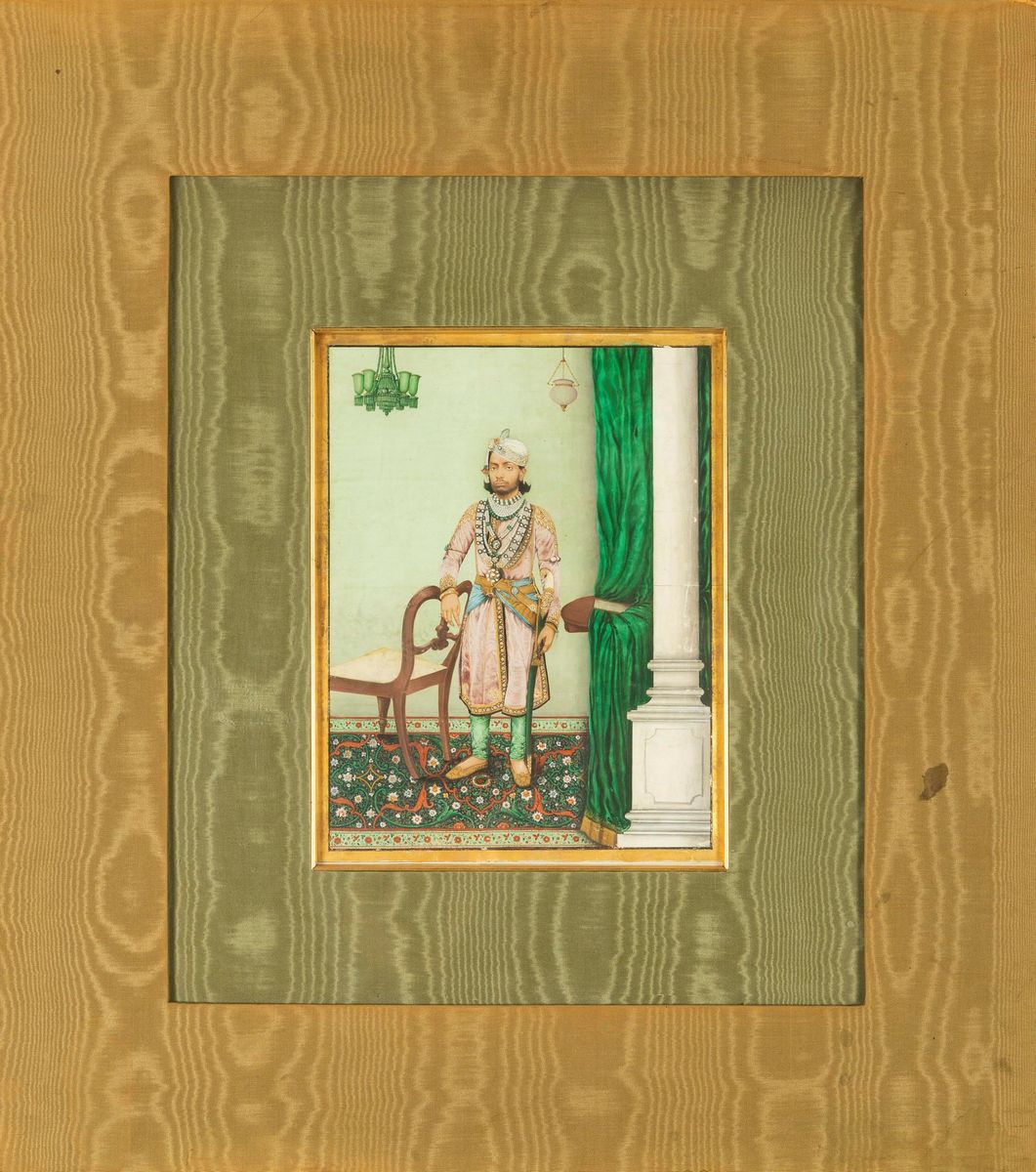 Dipinto su Carta Raffigurante Personaggio in Abiti Orientali con Spada, India, XIX Secolo