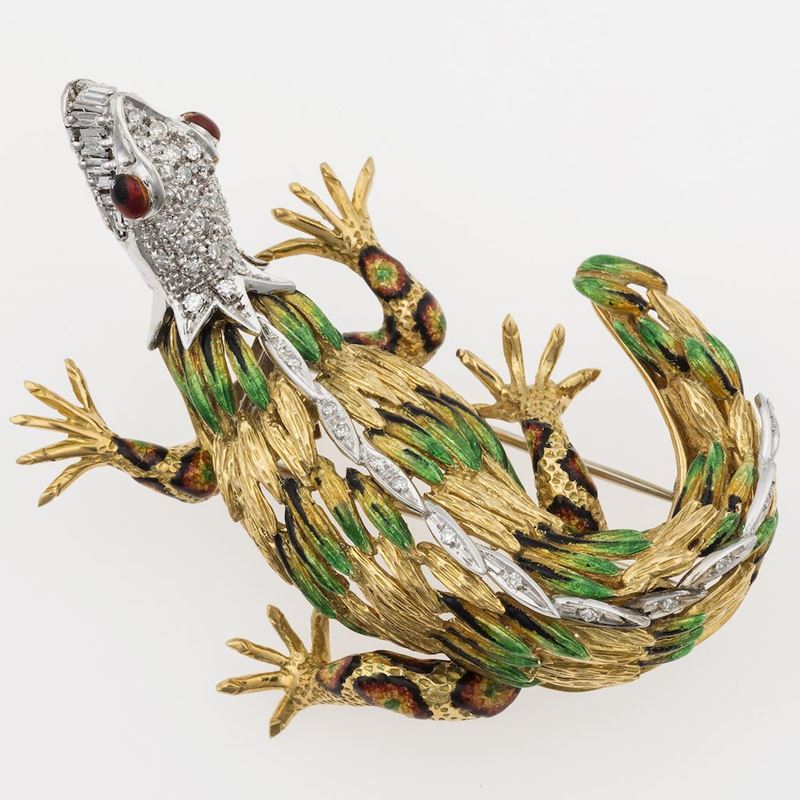 Enamel, diamond and gold brooch  - Auction Timed Auction Jewels - Cambi Casa d'Aste