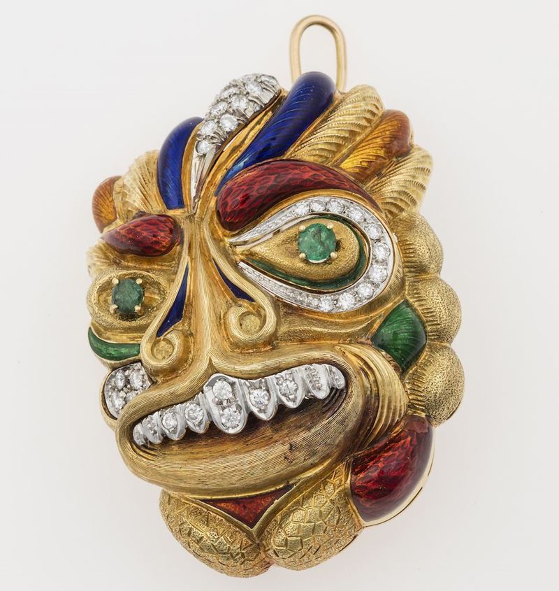Enamel, emerald, diamond and gold brooch/pendant  - Auction Timed Auction Jewels - Cambi Casa d'Aste