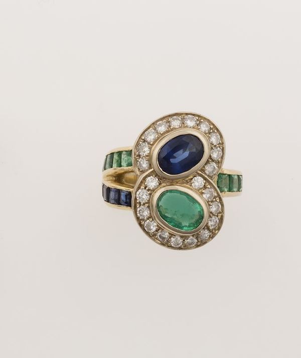 Sapphire, emerald, diamond and gold ring