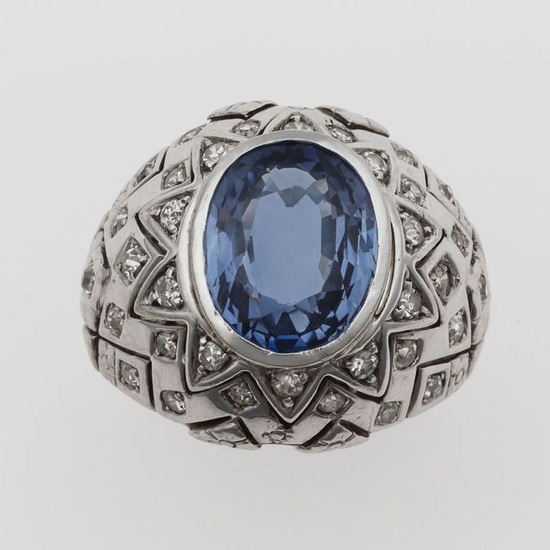 Anello con zaffiro Sri Lanka e diamanti  - Auction Jewels - Time Auction - Cambi Casa d'Aste