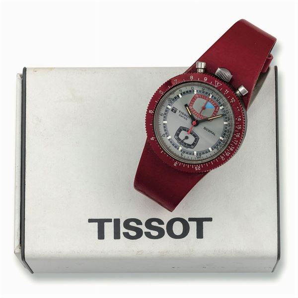 TISSOT. Orologio da polso, cronografo, cassa monoblocco, in fiberglass con fibbia originale. Realizzato nel 1970 circa. Accompagnato dalla scatola originale