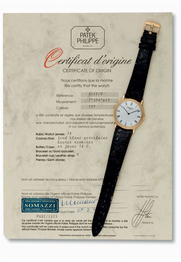 Patek Philippe, Genève, movement No. 1374627, Ref. 3520D. Fine and elegant, thin, 18K yellow gold wristwatch with an 18K yellow gold Patek Philippe buckle. Accompanied by the Certificate of Origin. Sold in 1993