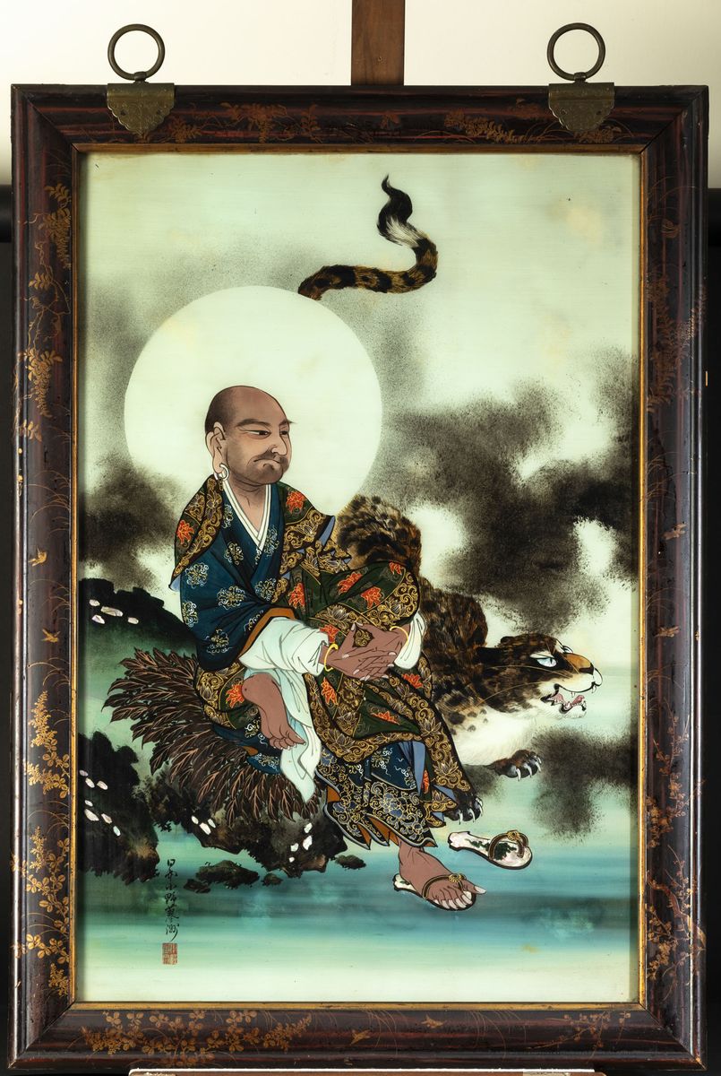 Coppia di Dipinti su Vetro con Dettagli in Madreperla Raffiguranti Saggi e Iscrizioni, Cina, Iniz...