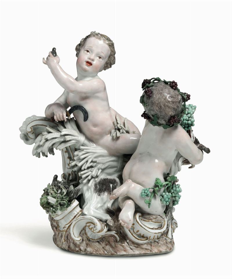 Gruppo allegorico dell’Estate e dell’Autunno Meissen, 1755 circa Probabile modello di Johann Joachim Kaendler e di Friedrich Elias Meyer  - Auction Majolica and Porcelain - Cambi Casa d'Aste
