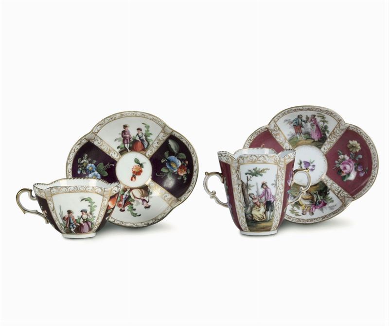 Due tazze con piattino Dresda, Helena Wolfsohn, fine del XIX secolo  - Asta Maioliche e Porcellane - Cambi Casa d'Aste