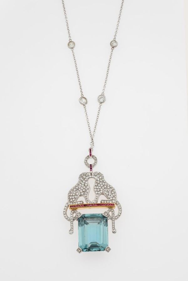 Aquamarine, diamond and ruby pendant