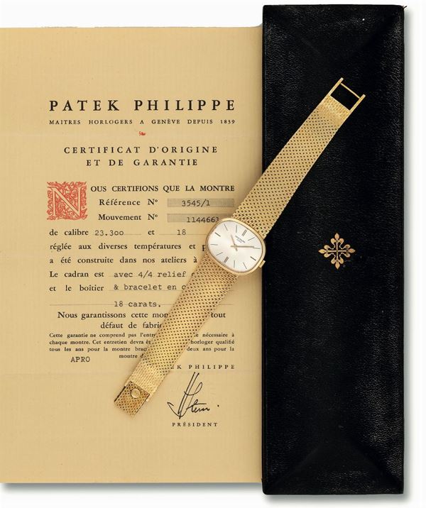 Patek Philippe, Genève, HORIZONTAL ELLIPS, No. 1144661  Ref. 3545/1.  Fine and rare, 18K yellow gold wristwatch with a Patek Philippe integrated bracelet. Accompanied by the original box and Certificate of Origin. Made circa 1970