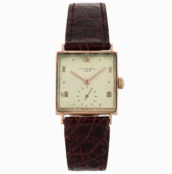 Patek Phiippe & Co., Geneve, case No. 621742. Fine and square, 18K pink gold wristwatch with original gold buckle. Made circa 1940