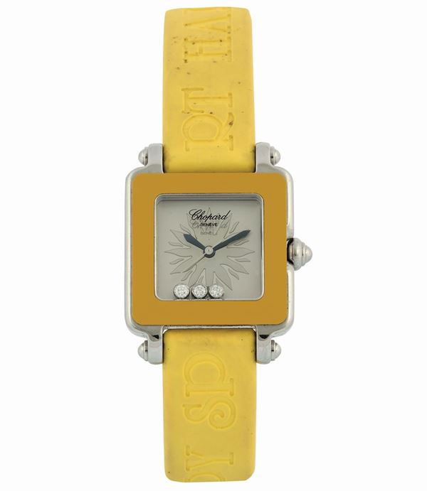 Chopard, Genève, Happy Sport, Ref. 8896.  Fine and unusual, water-resistant, center seconds, stainless steel quartz lady's wristwatch with date, three 'floating' diamonds and a Chopard buckle. Made circa 2000's. Accompanied by a fitted box