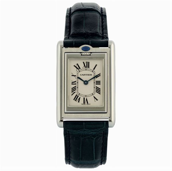 Cartier, Paris, Réversible Basculante,  Ref. 2405.  Fine, rectangular, stainless steel quartz wristwatch with cabriolet pivoting system and a stainless steel Cartier buckle. Accompanied by the original hang tag and box. Made circa 2000. Accompanied by the original box and booklet.