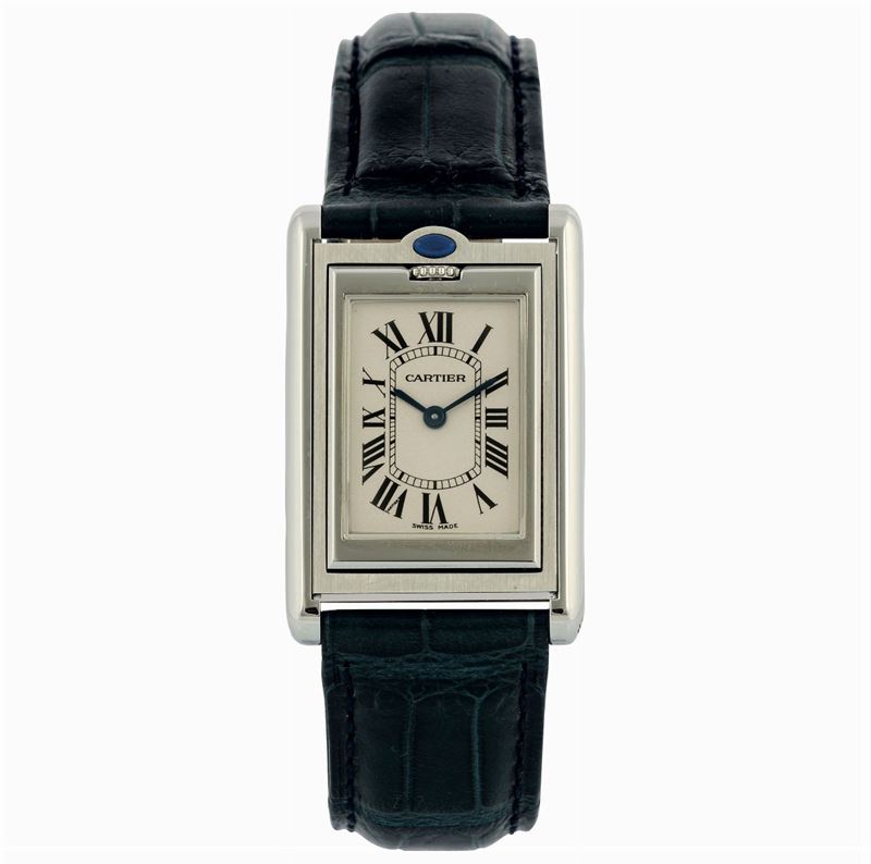 Cartier, Paris, Réversible Basculante,  Ref. 2405.  Fine, rectangular, stainless steel quartz wristwatch with cabriolet pivoting system and a stainless steel Cartier buckle. Accompanied by the original hang tag and box. Made circa 2000. Accompanied by the original box and booklet.  - Auction wrist and pocket watches - Cambi Casa d'Aste