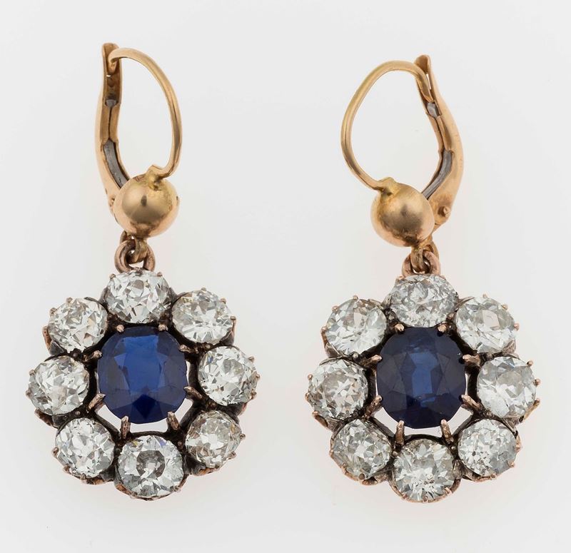 Pair of sapphire and old-cut diamond earrings  - Auction Fine Jewels - II - Cambi Casa d'Aste