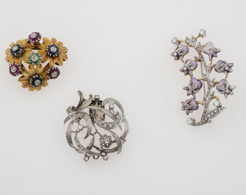 Group of 3 flooral brooches  - Auction Timed Auction Jewels - Cambi Casa d'Aste