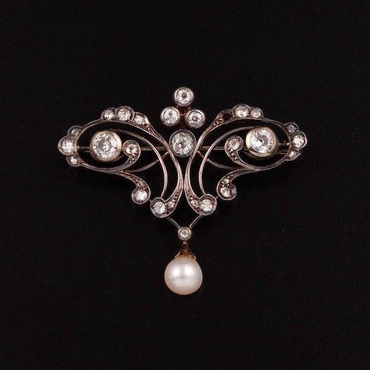 Old-cut diamond and pearl brooch