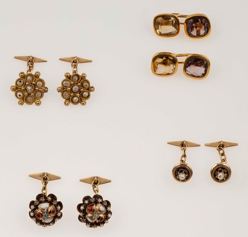 Four gold and gem-set pair of cufflinks  - Auction Fine Jewels - II - Cambi Casa d'Aste