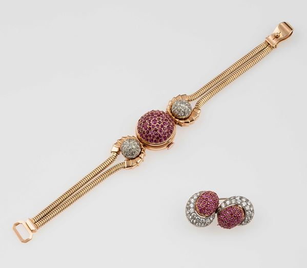 Ruby and diamond wristwatch with a double clip-brooch