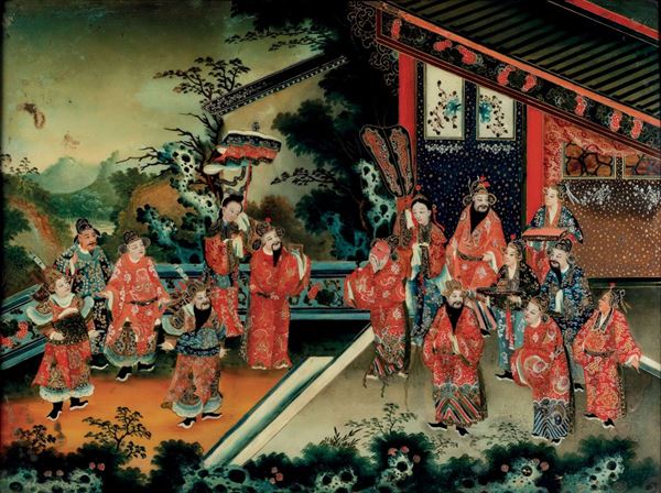Dipinto su vetro con lumeggiature in oro raffigurante scena cerimoniale con dignitari, Cina, fine XIX secolo